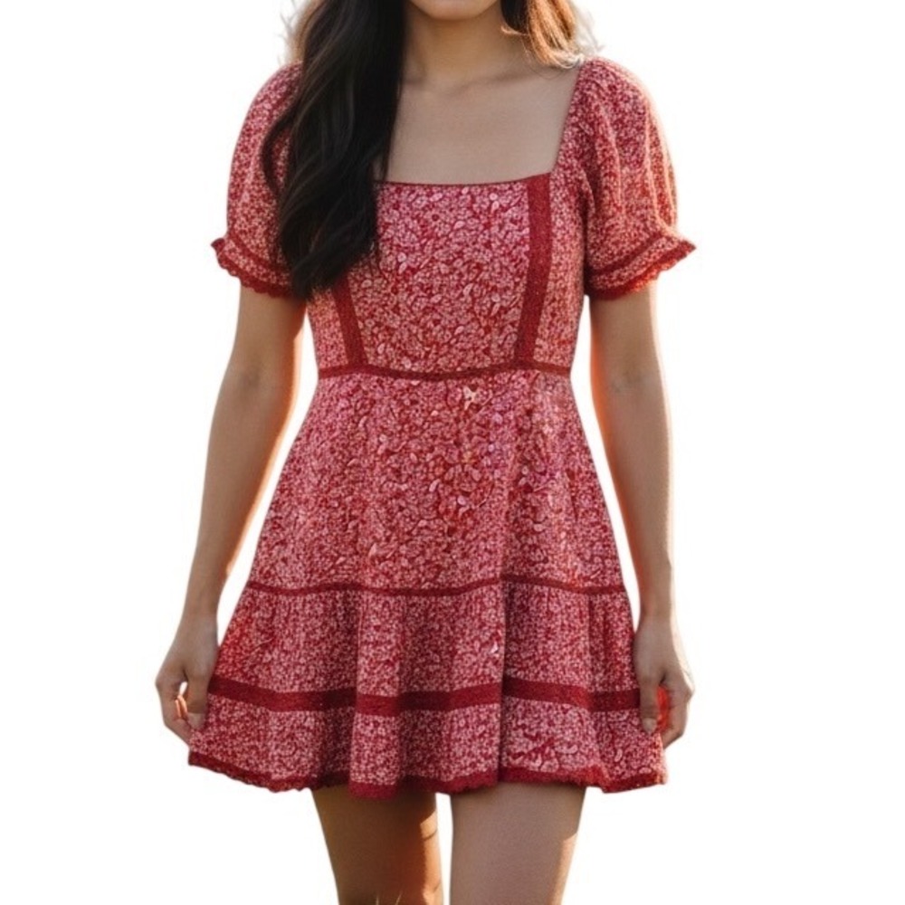 American Eagle Red Floral Lace Trim Mini Dress Square Neck Smocked Back Large